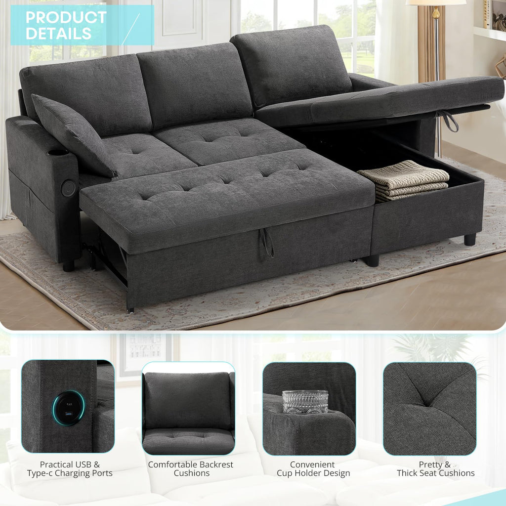 84" Sectional Pull Out Sofa Bed with Adjustable Backrests, Grey