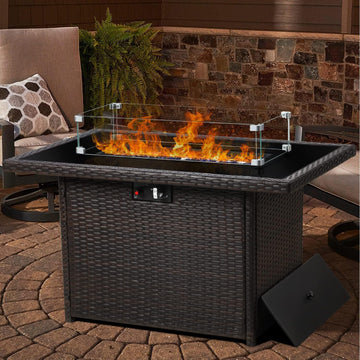 44" Propane Gas Fire Pit Table, 55000 BTU Rectangular Fire Pit with Glass Wind Guard for Outside Patio Deck Garden