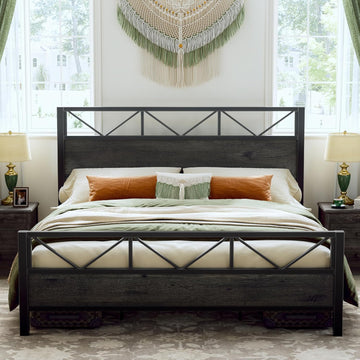 King Bed Frame, Tall Industrial Headboard 51.2 ", Platform Bed Frame with Strong Metal Support, Solid and Stable