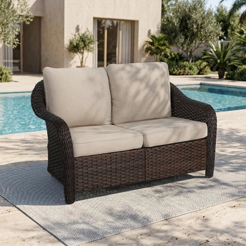 55 inch Outdoor Wicker 2 Seater Sofa, All-Weather Use Patio Rattan Loveseat with Seat and Back Cushion, Ideal for