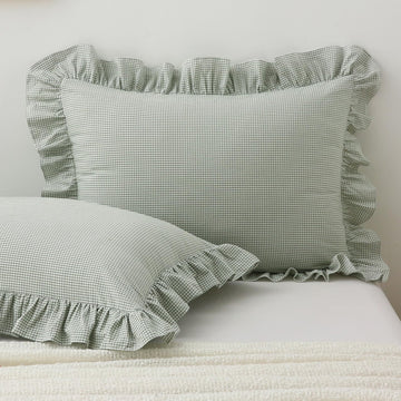 2 Pack Pile Green White Plaid Gingham Ruffle Pillow Shams Standard Size, 100% Washed Cotton Checkered Farmhouse