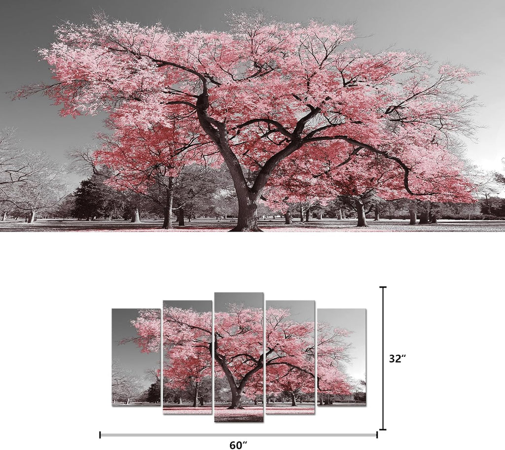 Large 5 Pieces Black and White Canvas Wall Art Pink Tree Landscape Picture Prints Framed and Stretched Painting Wall