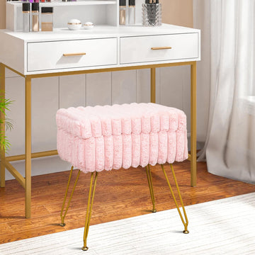 Faux Fur Pink Vanity Stool Chair with Storage Ottoman, Vanity Chair for Makeup Room, Vanity Stools, Footrest with