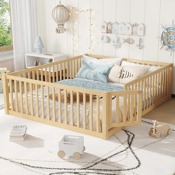 Queen Size Floor Bed with Door and High Guardrail, Queen Size Montessori Floor Bed with Fence, Easy Assemble