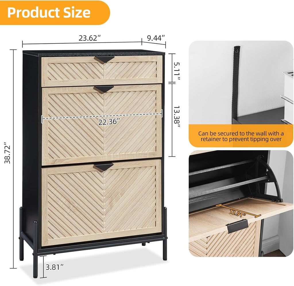 Shoe Cabinet Storage with 2 Flip Drawers, Narrow Hidden Shoes Organizer Cabinet , Freestanding Slim Shoe Rack Front
