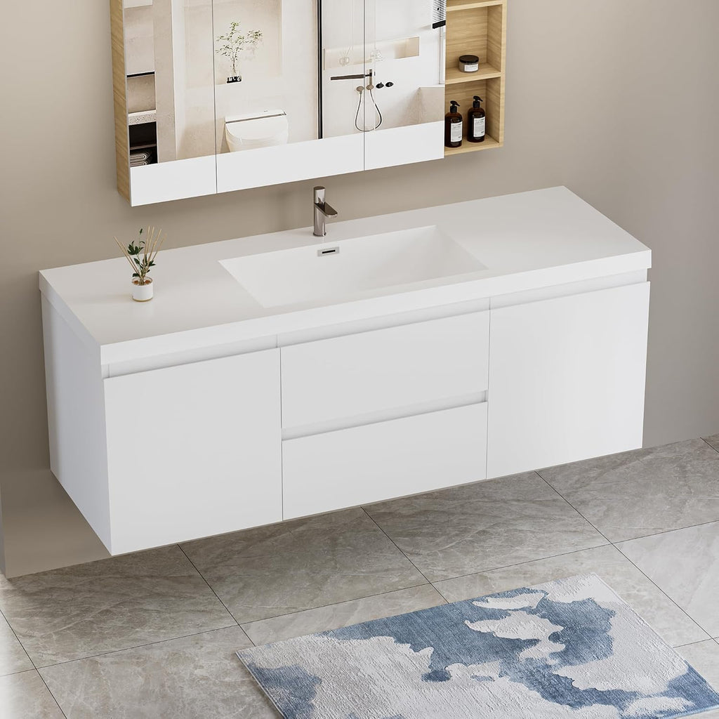 60 Inch Floating Bathroom Vanity with Sink, Large Storage Wall Mounted Floating Vanity with Soft Close Drawers