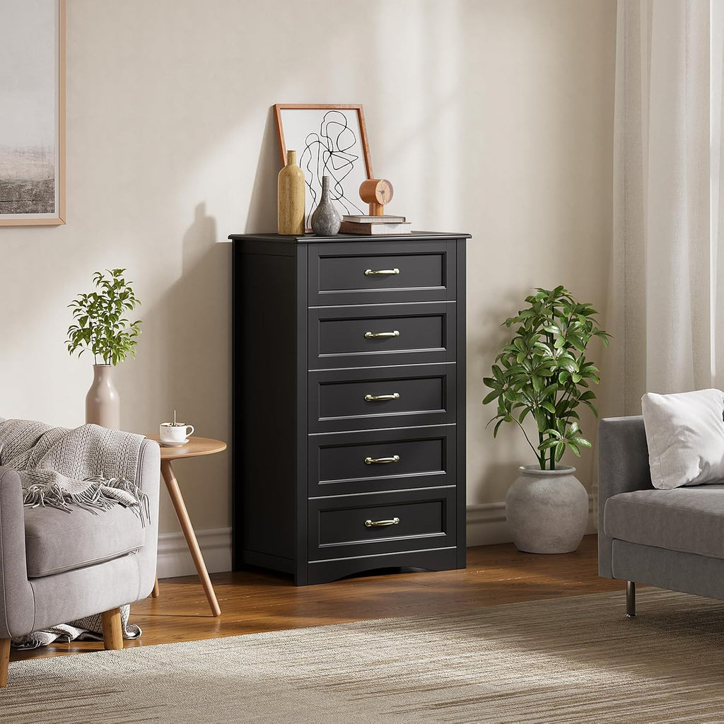 5 Drawer Dresser, Black Wood Chest of Drawers , 43.3" Large Capacity Storage Cabinet with Anti-Tip Device, for
