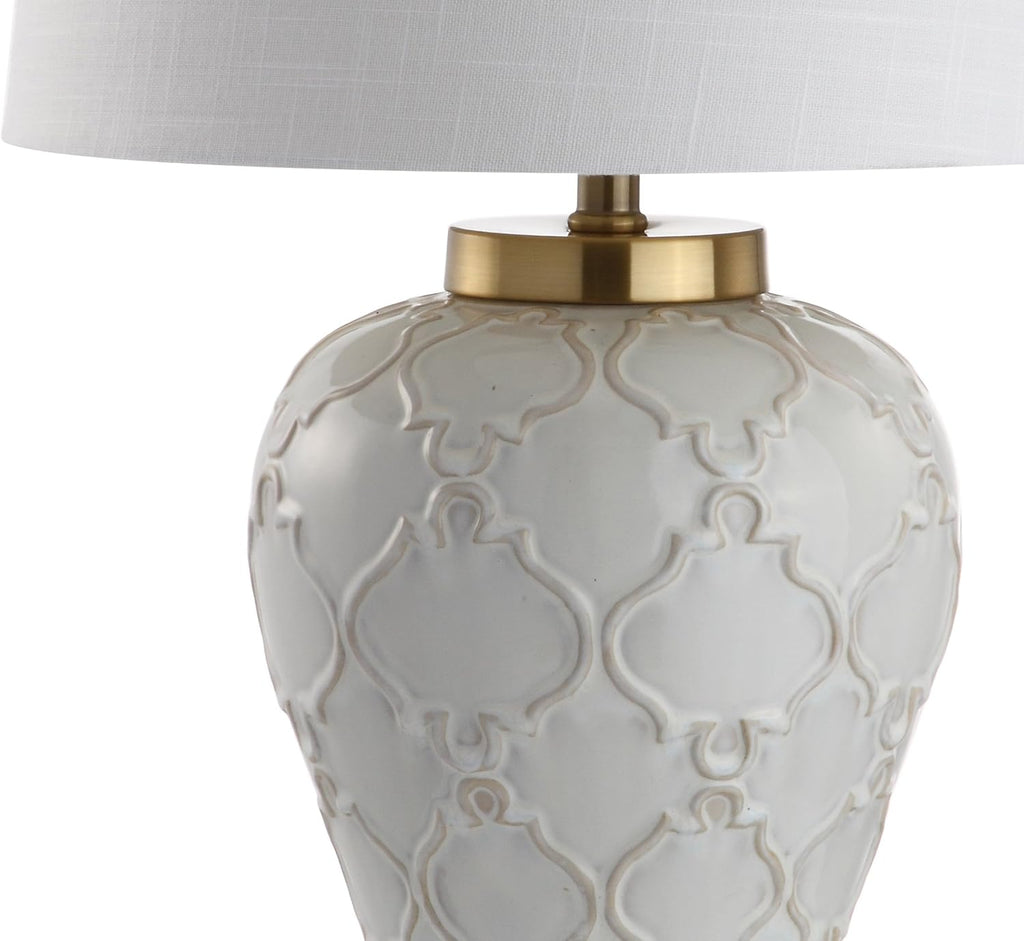 29" Cream Textured Ceramic Table Lamp, Transitional Quatrefoil Trellis Design with White Linen Drum Shade and Brass