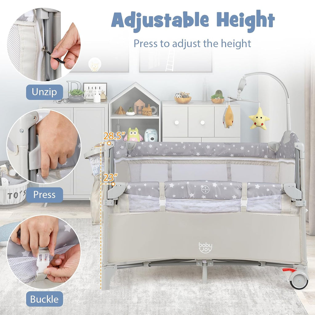 5-in-1 Pack and Play, Portable Baby Bedside Sleeper with Bassinet, U-Shaped Diaper Changer, Safety Strap, Side