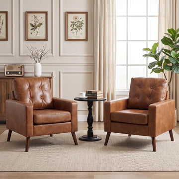 Mid-Century Faux Leather Accent Chairs, Tufted Upholstered Living Room Chairs with Solid Wood Legs, Retro - Set of 2