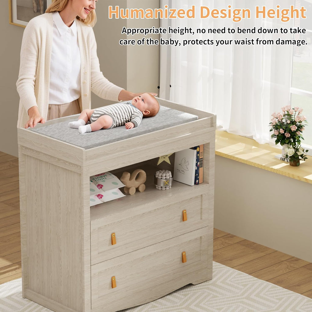 Baby Dresser 35.4"Diaper Changing Station with Changing Table Top Beige