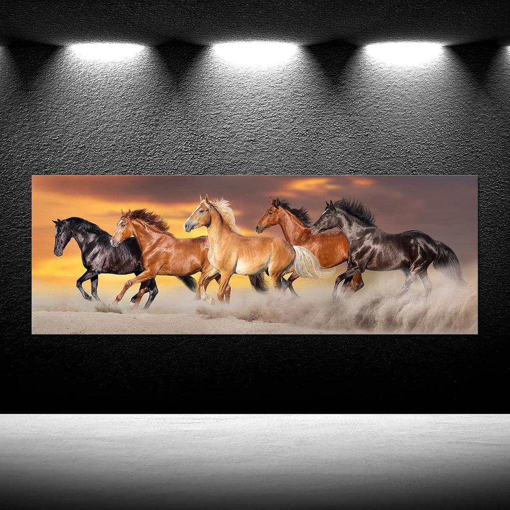 Large Size Canvas Prints Running Horse Herd Rungallop Desert Dust Against Dramatic Sky Panorama Wall Art Gallery