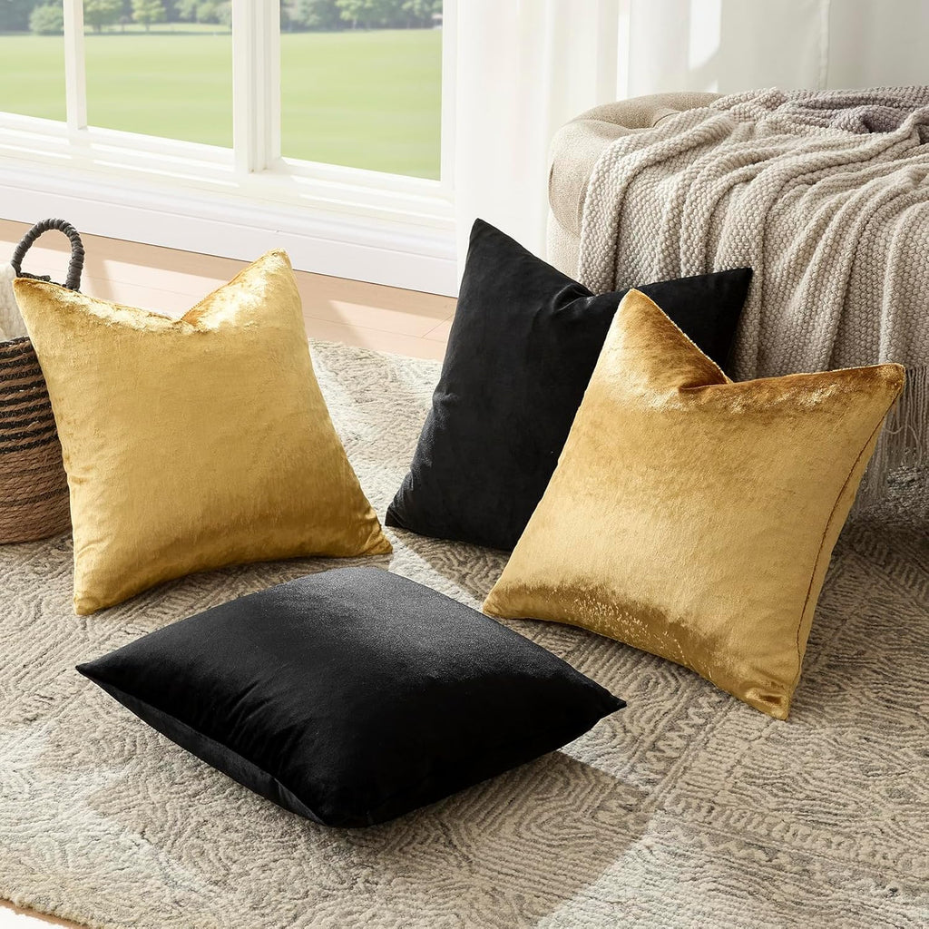 Decorative Throw Pillow Covers 18 x 18,Gold Black Soft, Set of 4 Square Velvet Cushion Covers