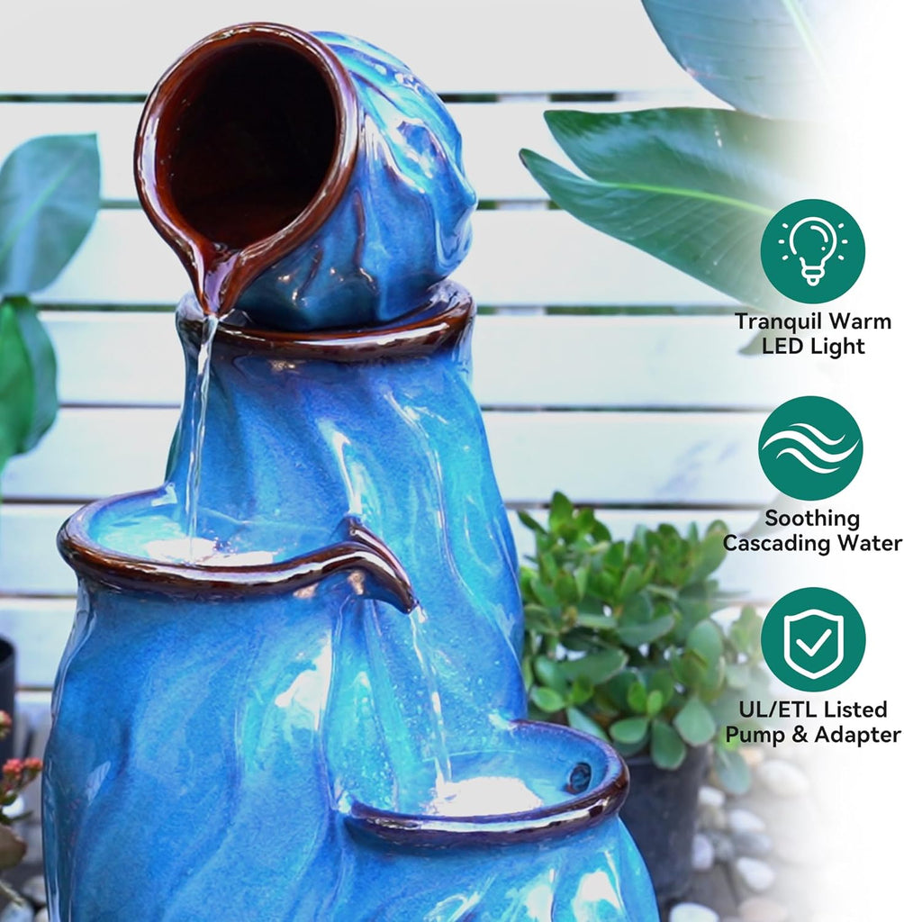 29" Outdoor Water Fountain, Ceramic Outdoor Fountain, Stacked 4-Tier Pots Waterfalls Decor, Creating Relaxing Serene