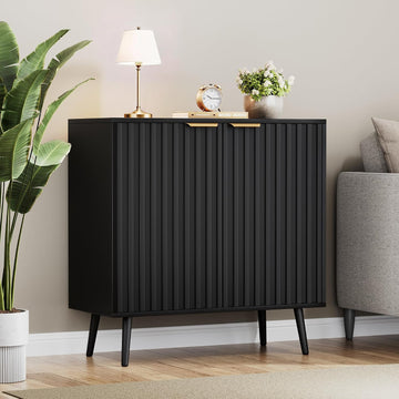 Black Fluted Buffet Cabinet, Free Standing Sideboard with Storage, Wood Accent Cabinet with Doors & Shelf, Modern