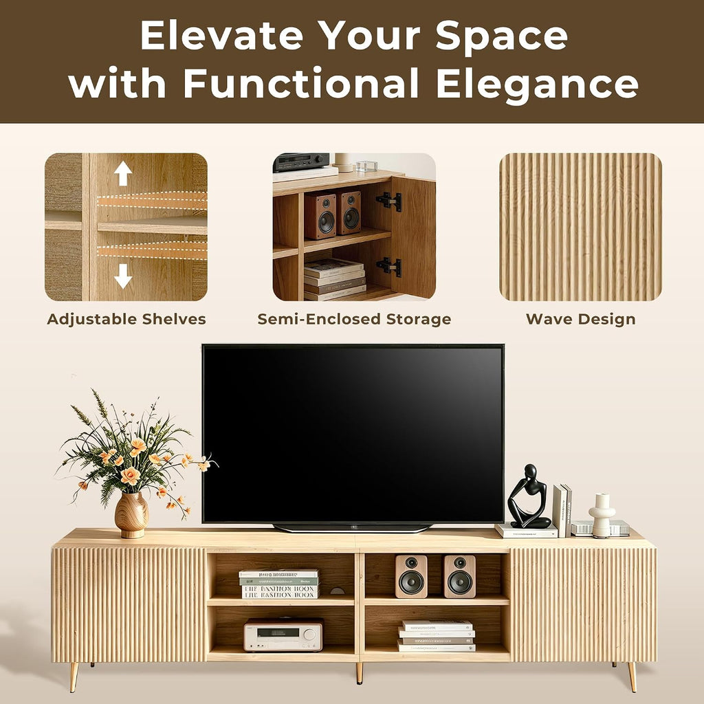 Modern 86" Wood TV Stand for Living Room, Fluted Design Entertainment Center with Adjustable Shelves for TVs Up to 80",Media TV Console with Storage for Bedroom, Natural