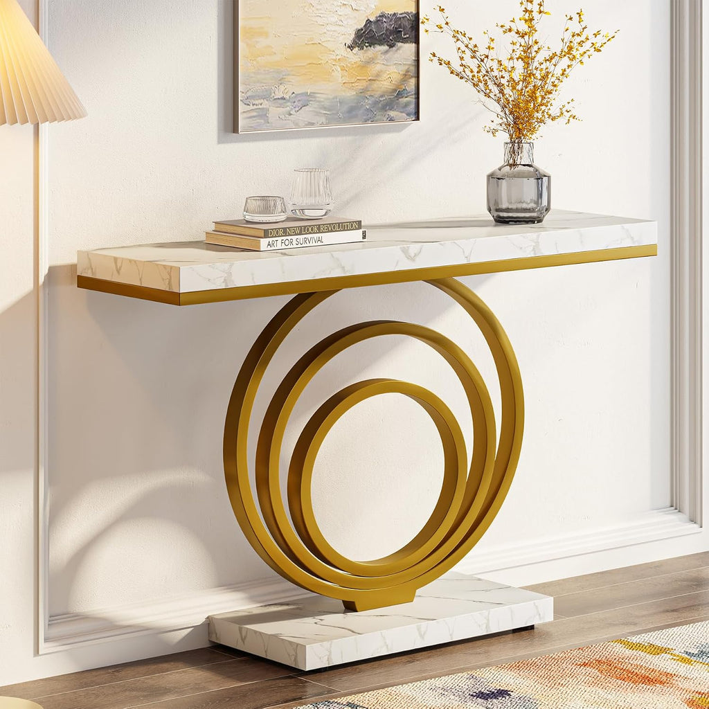 41-Inch Gold Entryway Table, Modern Console Table Narrow Long, Contemporary Accent Table , Entrance, Faux Marble