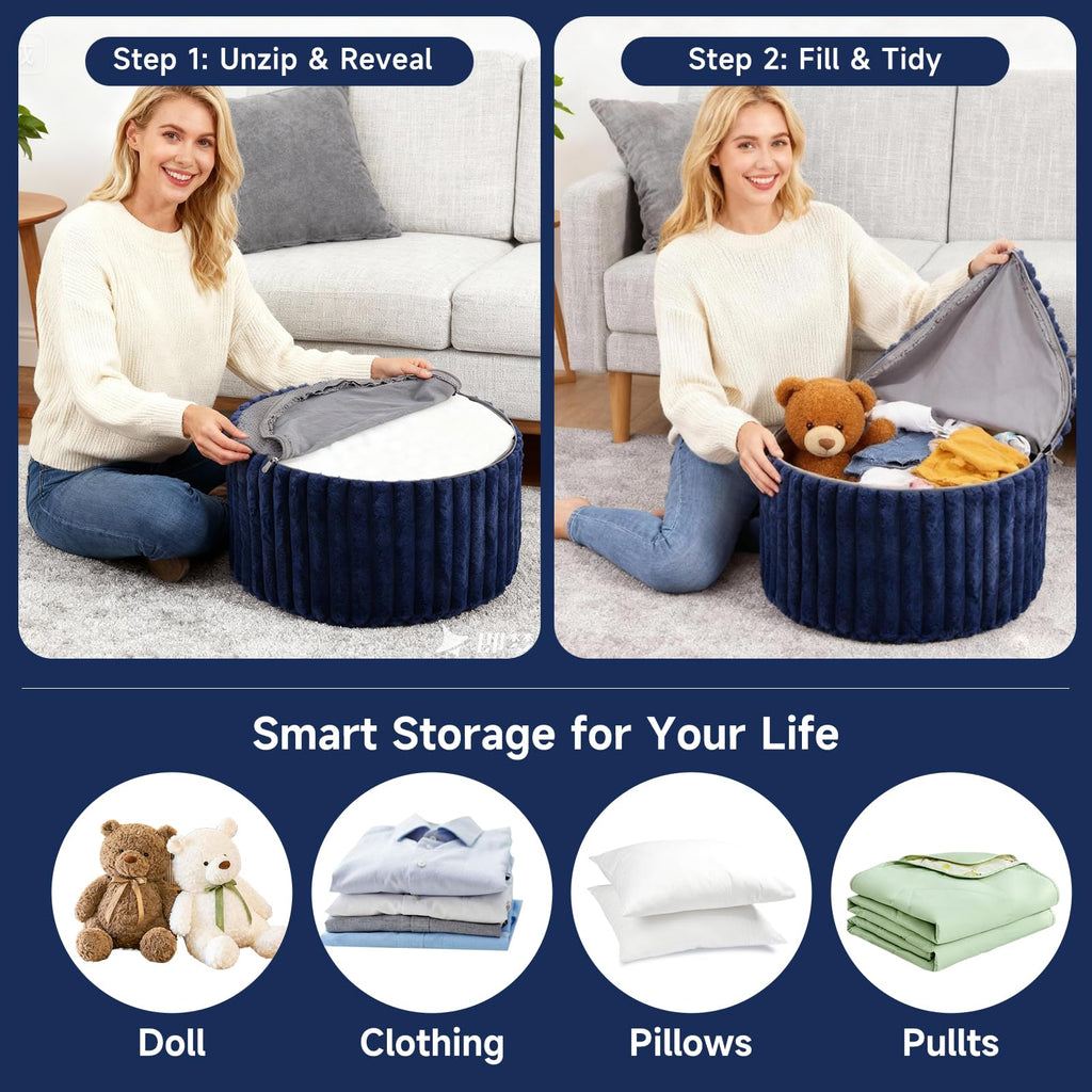 Round Stuffed Pouf Ottoman, Soft Foot Stool with Solid Foam Block