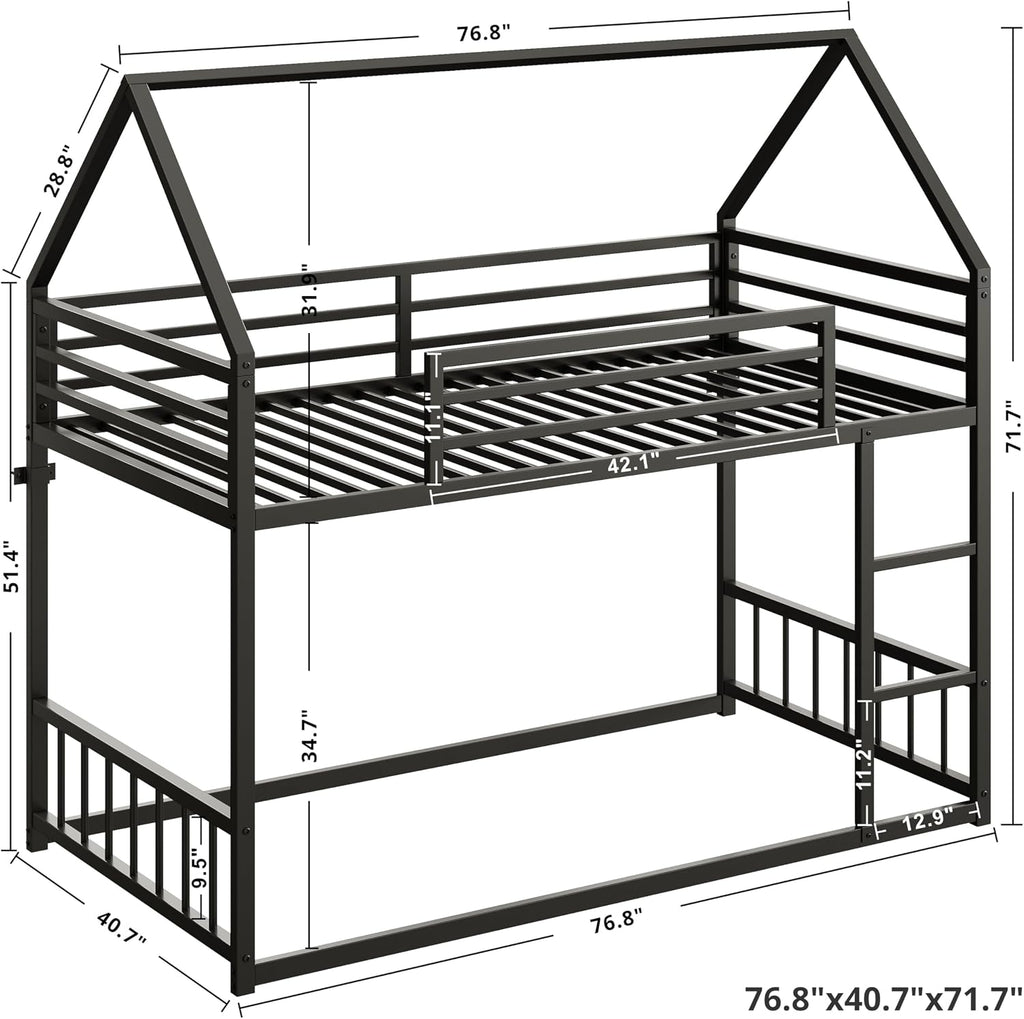Bunk Bed Twin Over Twin, House Bunk Bed Frame with Ladder and Guardrail