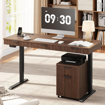 55" Electric Standing Desk with File Cabine, Sit to Stand, Walnut | Standing Desk with Drawers, Roilling Filing