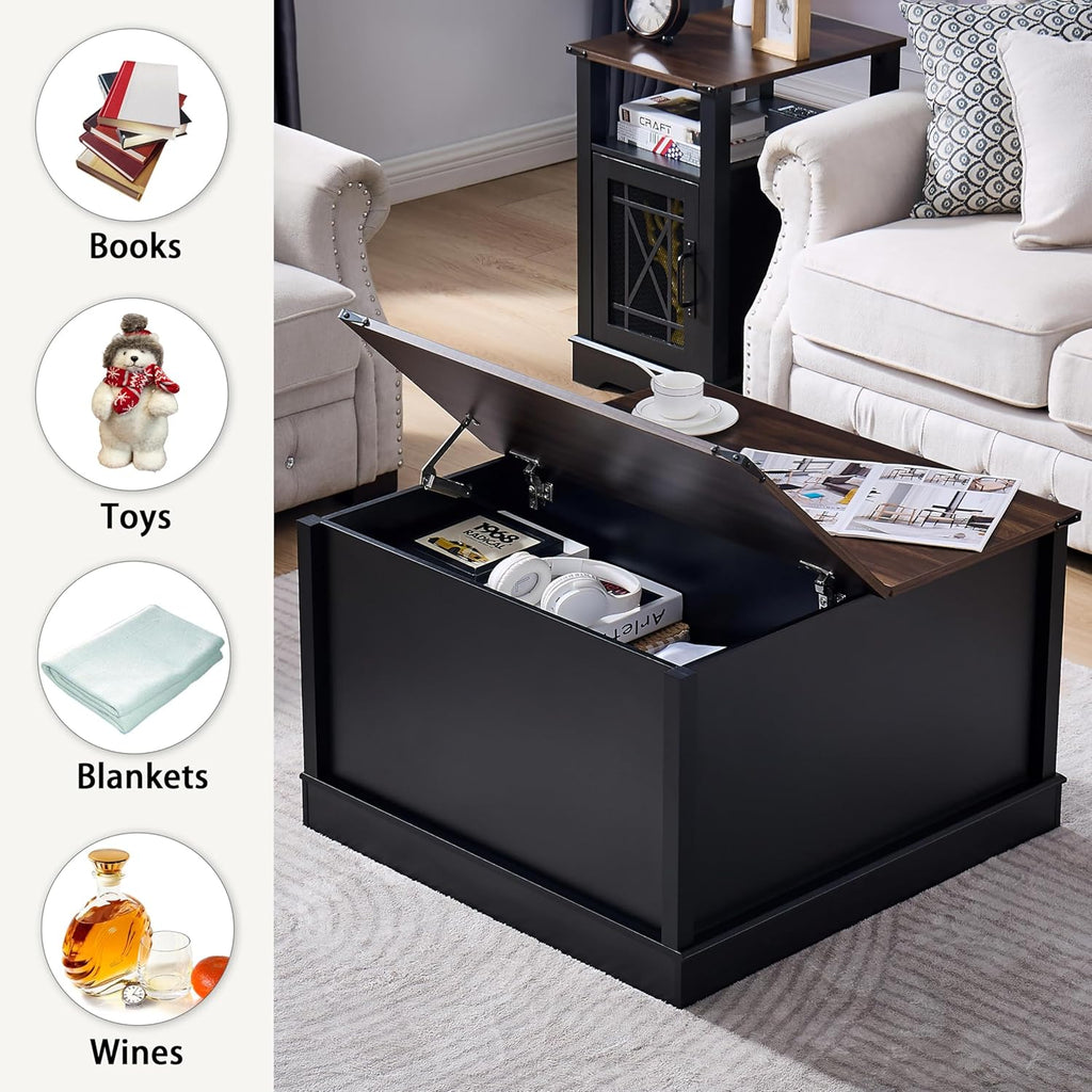 Square Coffee Table, Farmhouse Coffee Tables, Wood Coffee Table with Storage