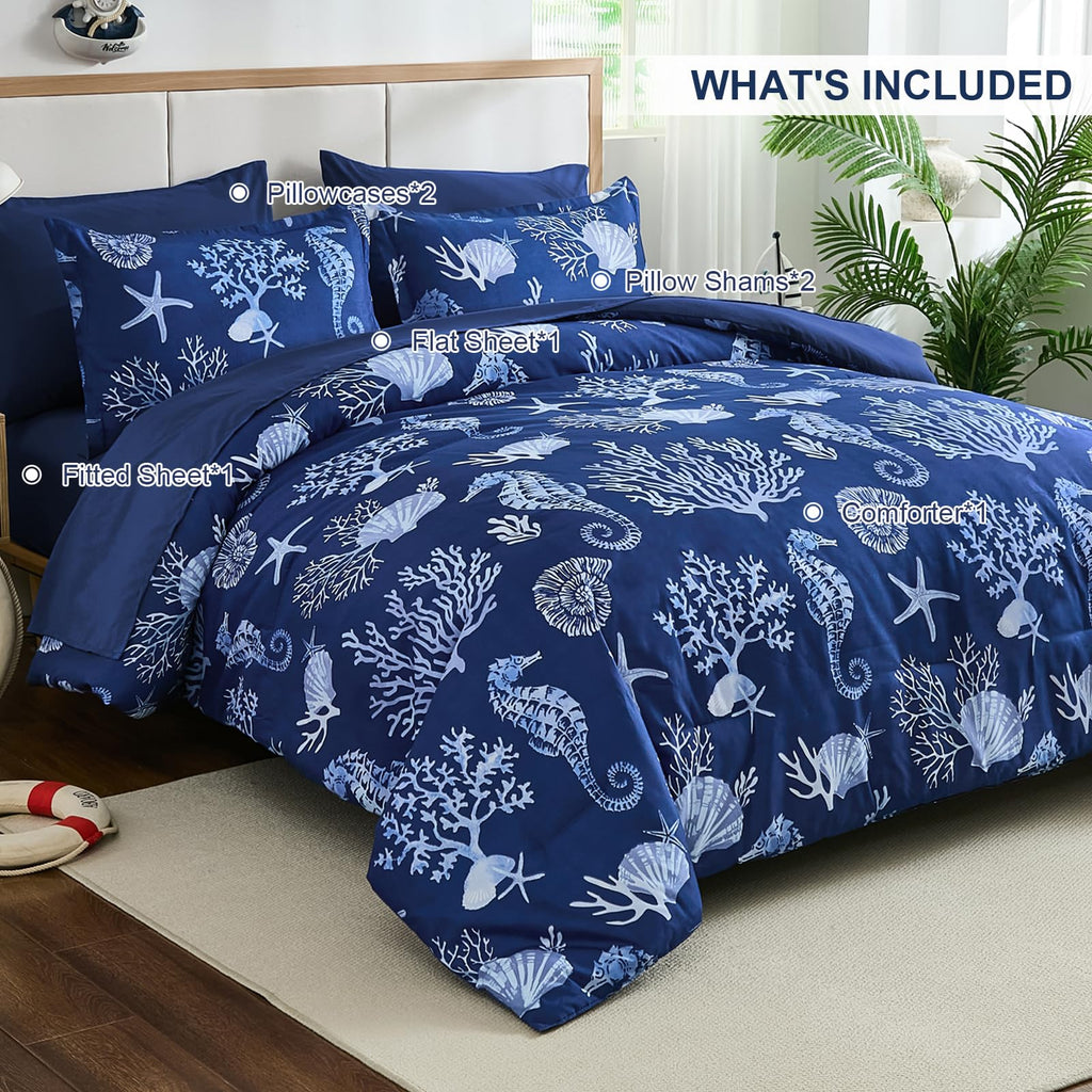 Coastal Queen Size Comforter Set 7 Piece, Soft Beach Themed Comforter Ocean Nautical Navy Bedding Sets for All Season