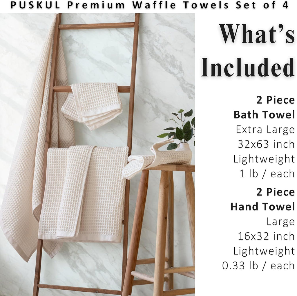 Natural 100% Turkish Cotton Waffle Towels Set (4-Piece) | Raw-Undyed, Large Size 2 Hand & 2 Bath Towel Quick-Dry Soft