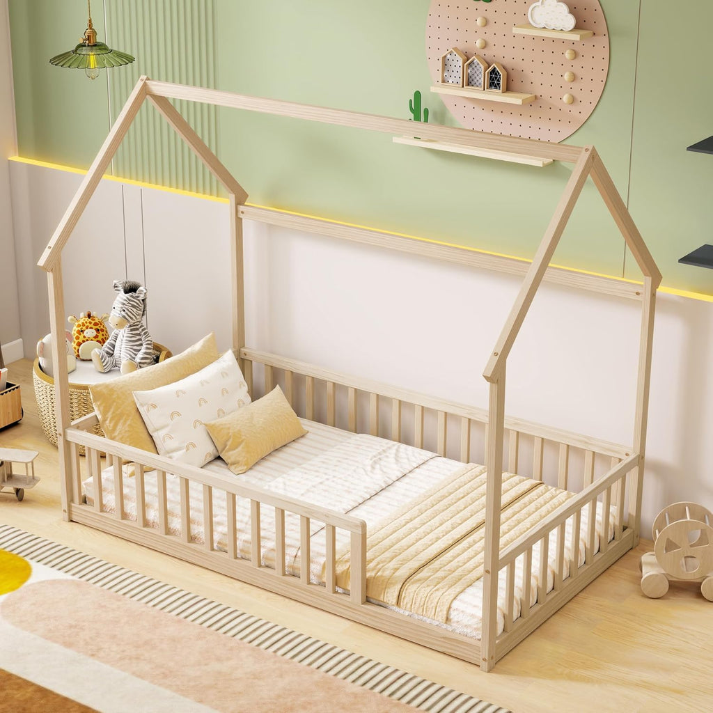 Twin Size Kids Bed Frame with Rails, Twin Montessori beds for Kids, House Bed for Boys Girls, Natural