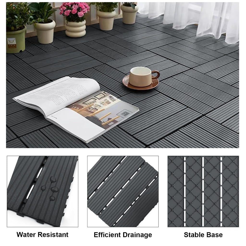 12 PCS Plastic Interlocking Patio Deck Tiles - 12" x 12" Waterproof Indoor Outdoor Flooring, Patio Floor Decking for