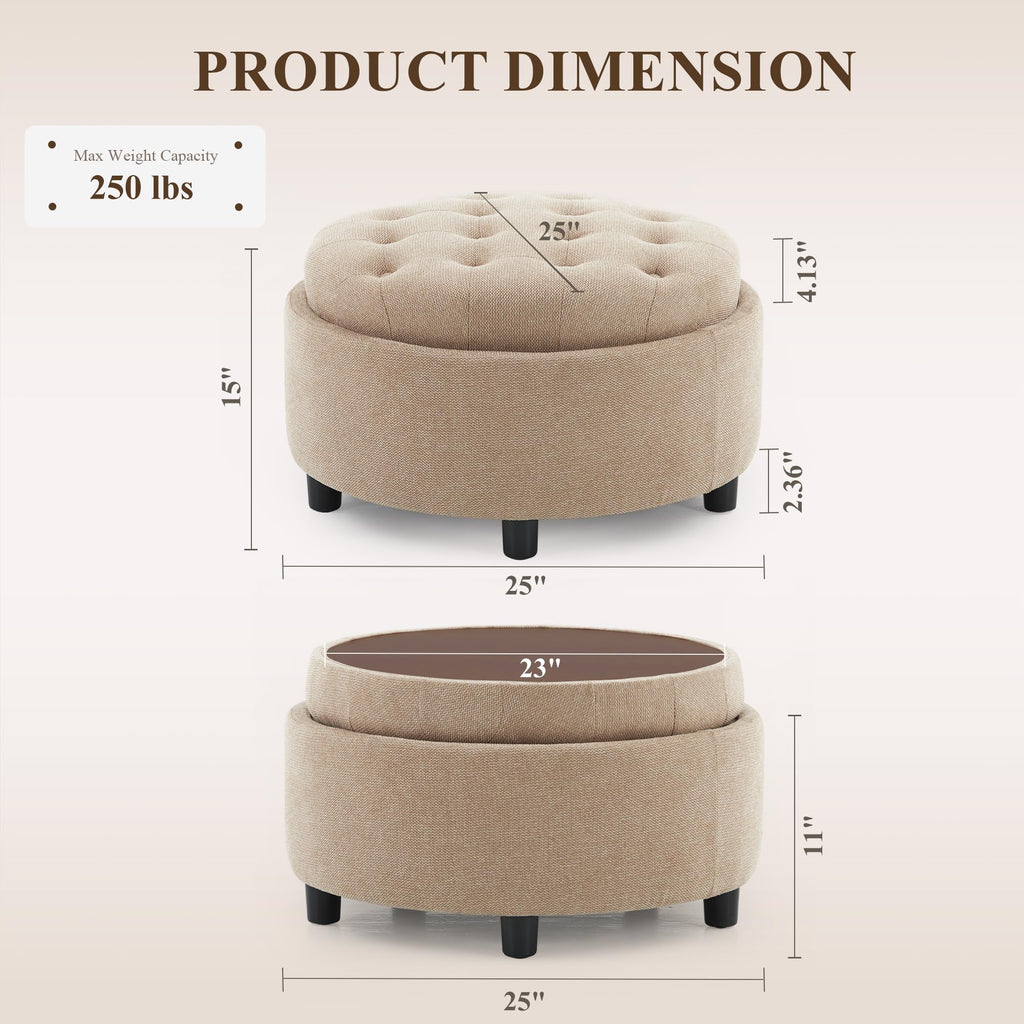 Fabric Round Storage Ottoman with Reversible Tray Lid(Camel)