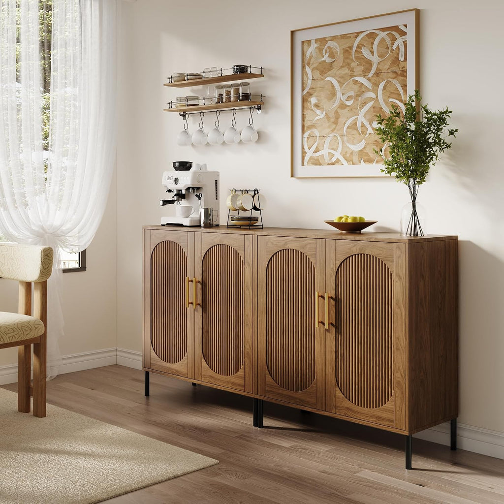 Fluted Arched Sideboard Cabinet with Adjustable Shelves, Modern Accent Storage Cabinet with Doors, Buffet Cabinet