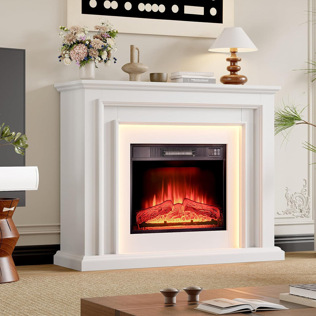 44" LED Lights Electric Fireplace with Mantel, Freestanding Entertainment Center Tv Stand with Fire Place Insert for Living Room, White