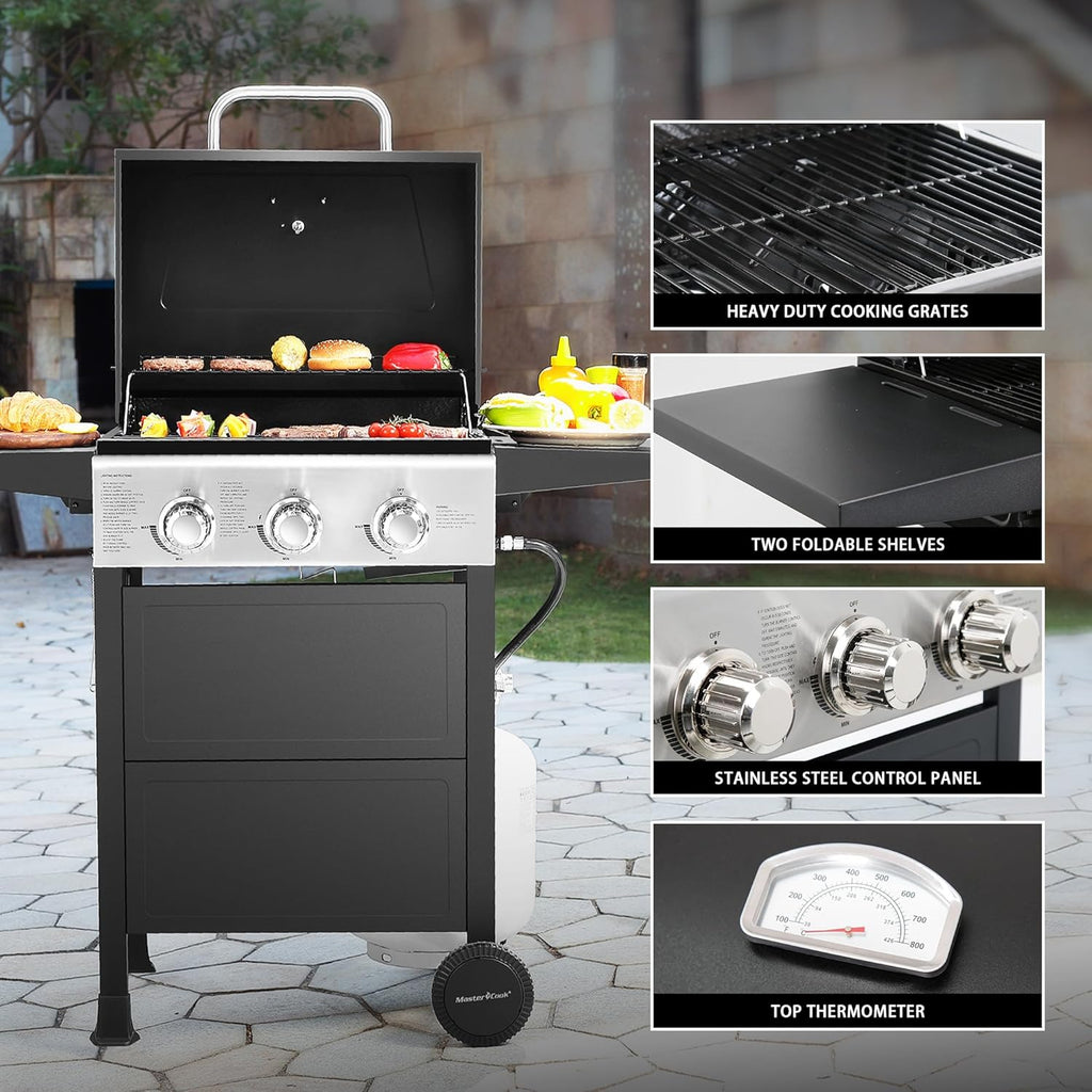 3-Burner Propane Gas Grill, 30,000 BTU Stainless Steel BBQ Grill with 472 Sq. In. Cooking Area and Foldable Side Shelves