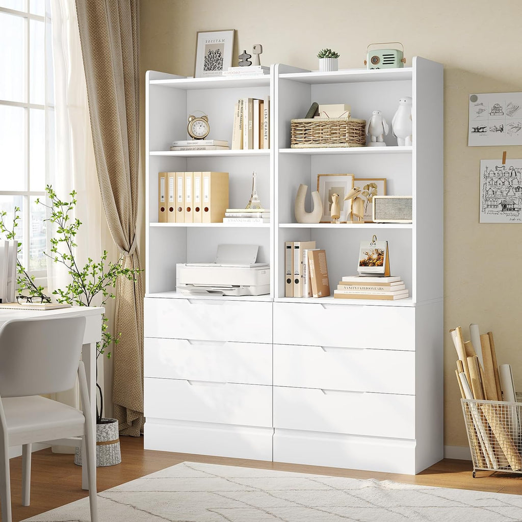 73.23'' Tall Storage Cabinet Bookcase with 3 Drawers and 3-Tier Open Shelves Wooden Bookshelf Kitchen Pantry Storage
