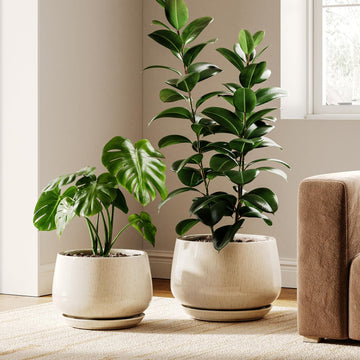Ceramic Plant Pots, 10 + 12 Inch, Set of 2, Reactive Glaze Beige