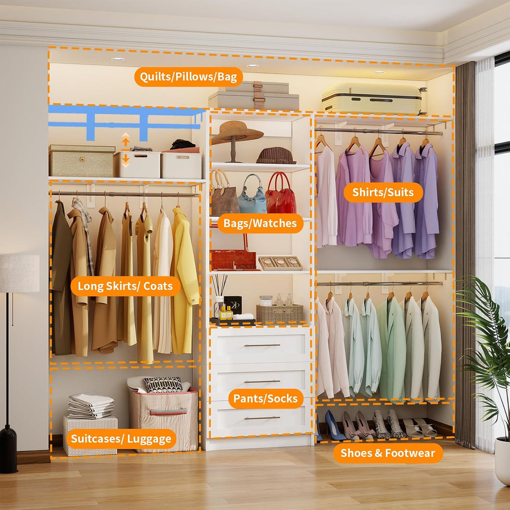 Closet System with 3 Wood Drawers, 5-8FT Closet Organizer System with Cuttable Shelves for Walk in Closet with 3