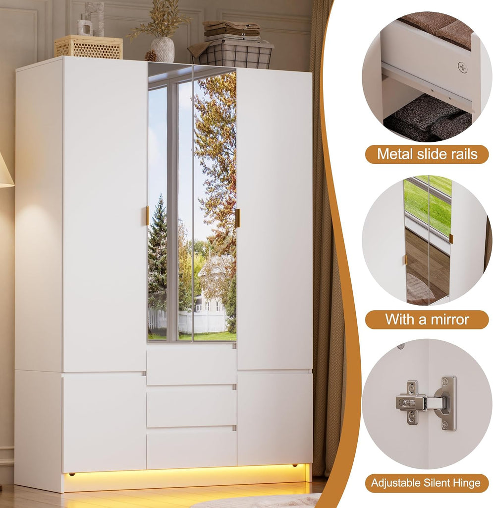 4 Doors Armoire Wardrobe Closet with Led Light & Mirror, Bedroom Large Capacity Freestanding Armoire Wardrobe with