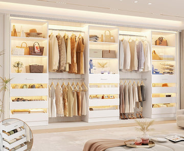 Closet System with 12 Drawers, 8.5-11.5Ft Wood Closet Organizer System with 4 Hanging Rods & 3 Towers, 4Ft & 6Ft
