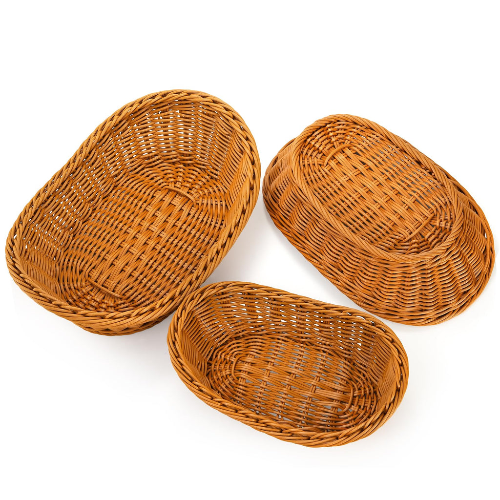 3 Pack Small Woven Breads Baskets, Oval Fruit Baskets Stackable Plastic Wicker Basket for Serving Vegetables