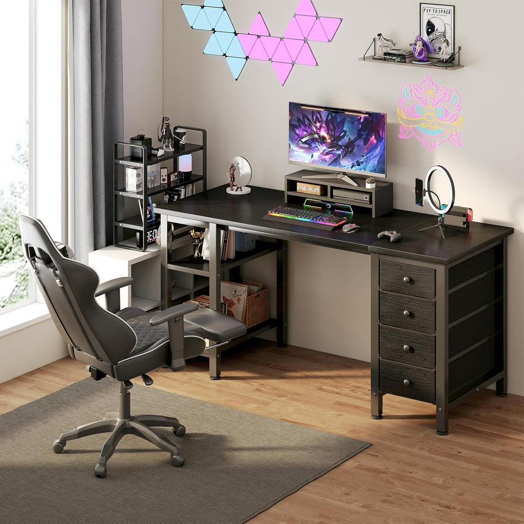 Gaming Desk with 4 Fabric Drawers & Storage Shelves, 47 inch Computer Writing Work Study Desk Bedroom
