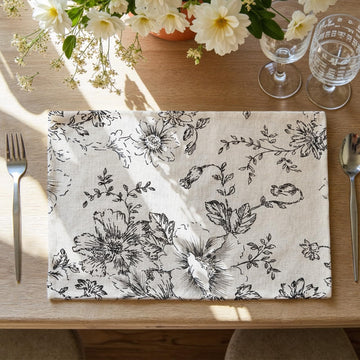 Alice Linen Floral Placemats Set of 4 Farmhouse 13x19 Inch Black