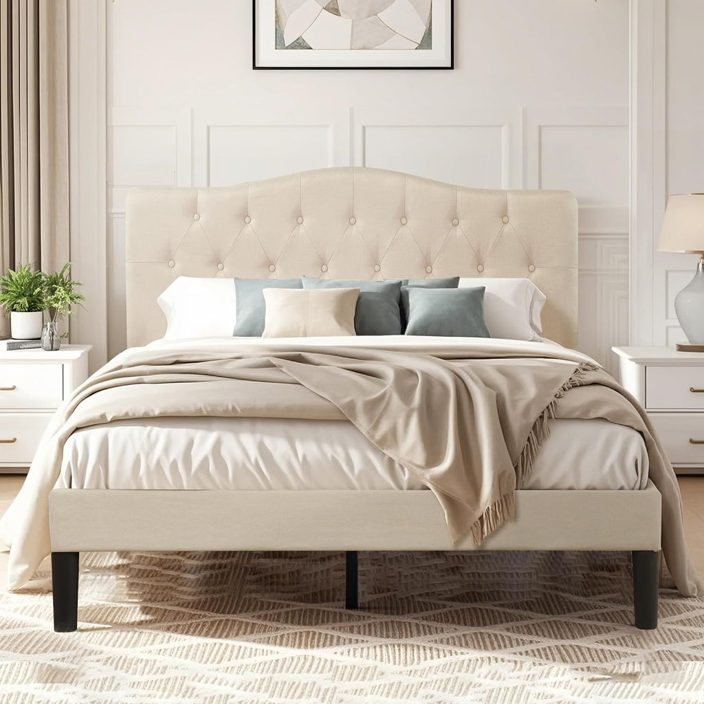 Queen Platform Bed Frame with Fabric Upholstered Headboard and Wooden Slats Support