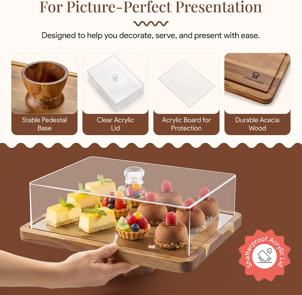 Acacia Wood Cake Stand with Lid, 2-in-1 Charcuterie Board, 17x13 | Rectangular Pastry Display Case & Charcuterie