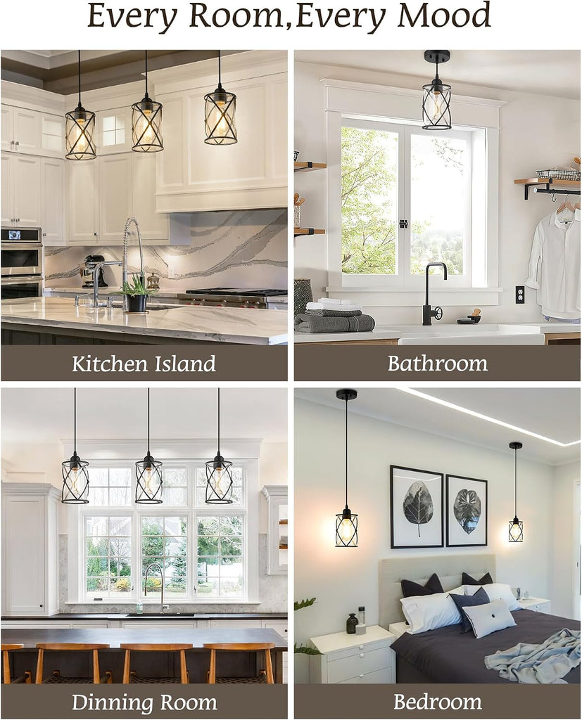 Glass Pendant Lights Kitchen Island 2 Pack, Black Mini Pendant Light with Clear Glass, Farmhouse Industrial Cage
