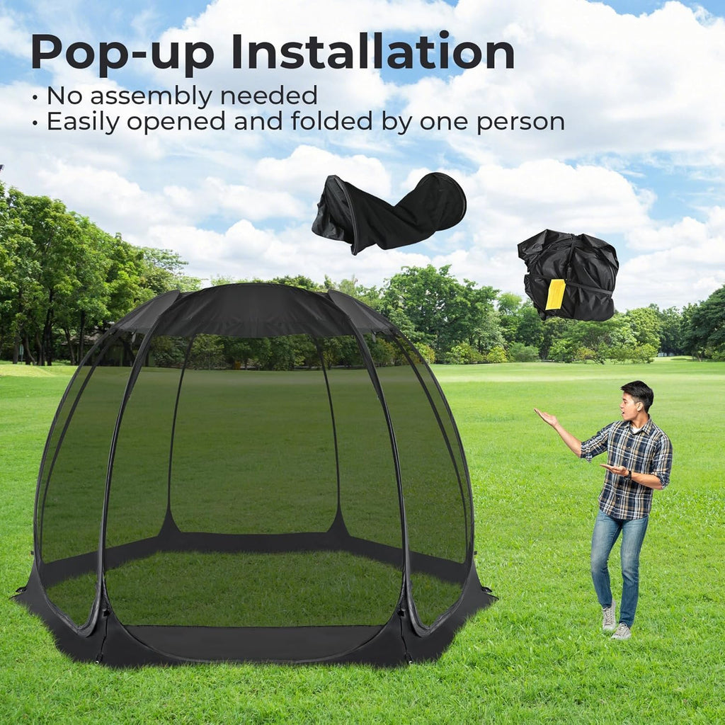 Pop Up Screen House Tent, Instant Outdoor Gazebo with Mosquito Netting & UPF 50+ Sun Protection - Black