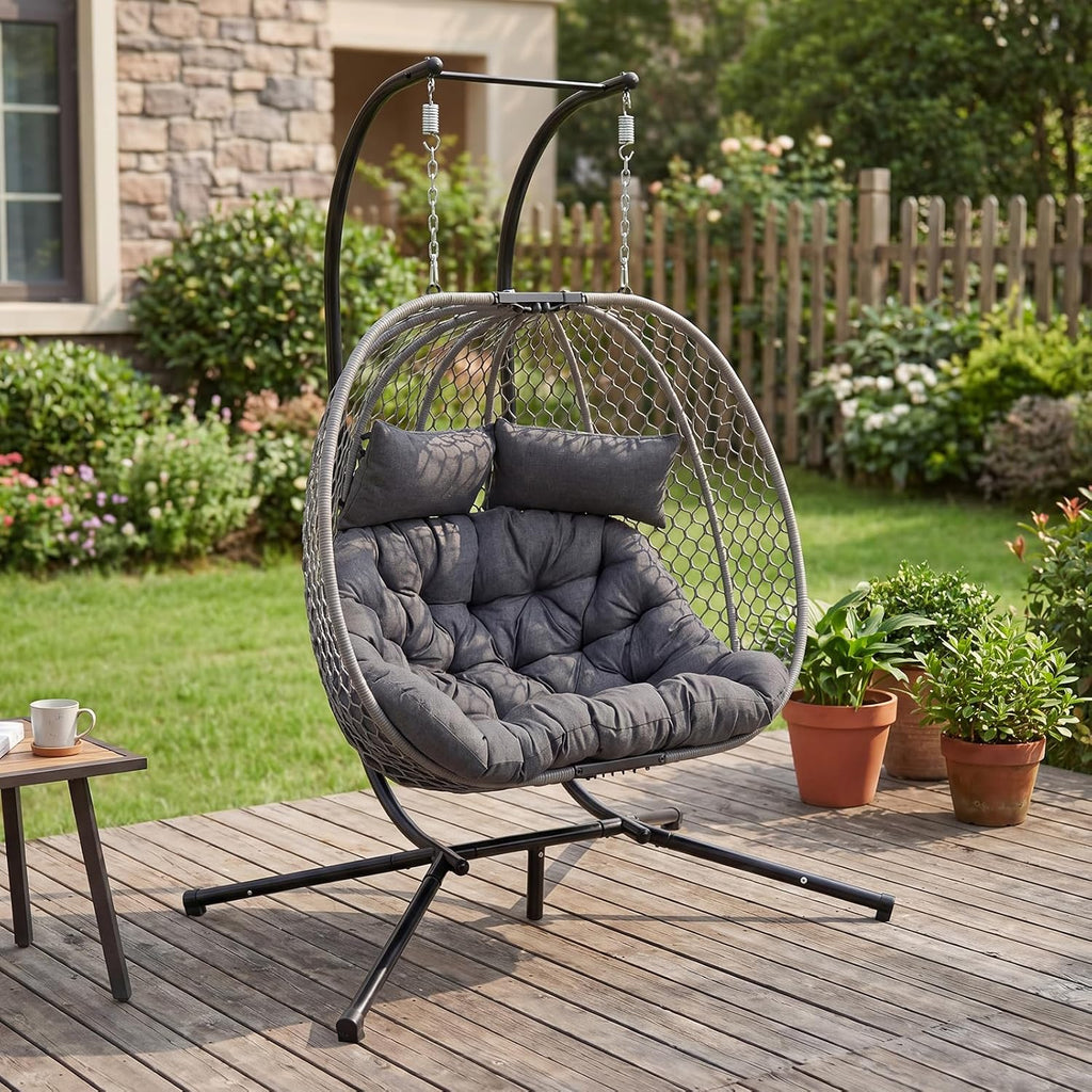 Double Egg Chair with Stand for 2 Persons, Oversized Patio Hanging Basket Chair, Honeycomb Wicker Swing Chair with