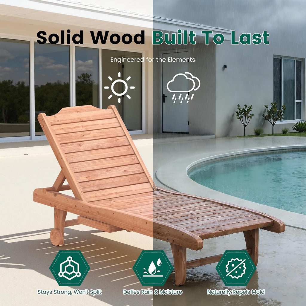 Wooden Chaise Lounge Chair, 3-Position Adjustable Outdoor Tanning Chair with Hidden Side Tray & Wheels, Poolside