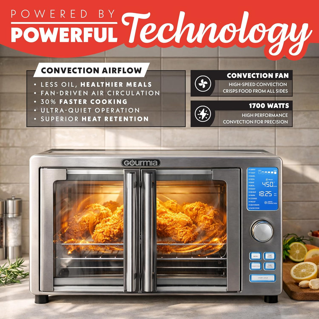 Air Fryer French Door Toaster Oven - 6-Slice Capacity, LED Display with 14 Cooking Presets, Stainless Steel
