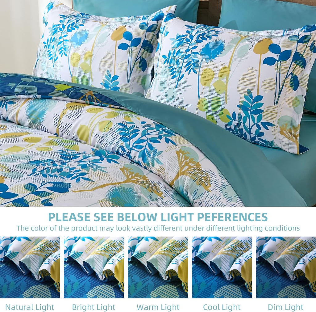 7Pieces King Comforter Set, Blue Yellow Botanical Bed in a Bag Complete Set with Sheet Pillowcase All Season