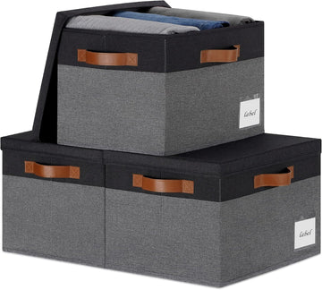 Large Storage Bins with Lids, Foldable Fabric Storage Baskets with Lids, Sturdy Storage Boxes with Labels and 3 PU